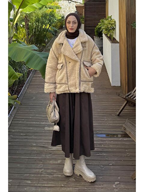 Lamelif Biyeli Pelüş Mont Bej - S000522596-19928