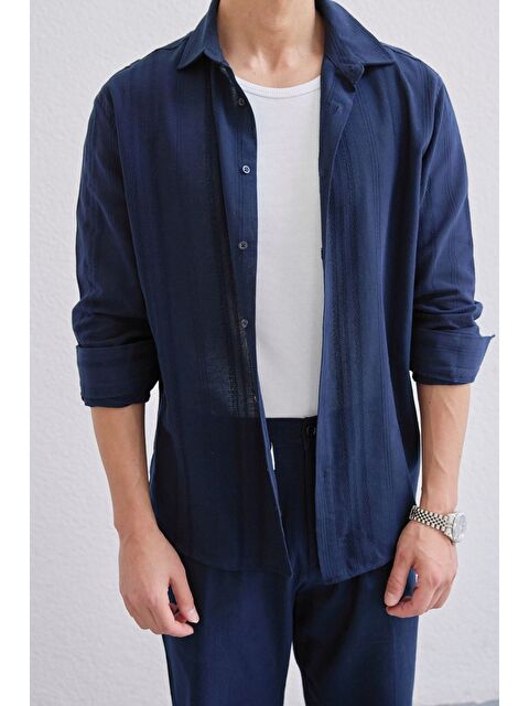 Livio Ferri Yuji Kendinden Desenli Keten Görünümlü Pamuk Oversize Erkek Gömlek