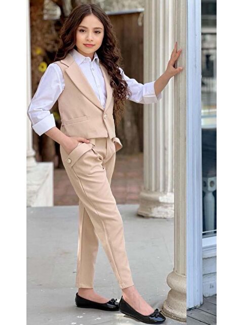 Riccotarz Kız Çocuk Gümüş Düğme Detaylı Yelek Gabardin Beyaz Gömlek Krem Alt Üst Takım - S000373250-19966