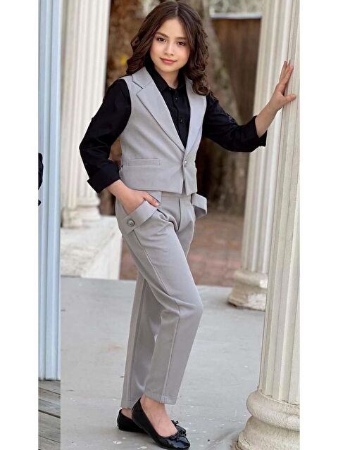 Riccotarz Kız Çocuk Gümüş Düğme Detaylı Yelek Gabardin Siyah Gömlek Gri Alt Üst Takım - S000373251-20600