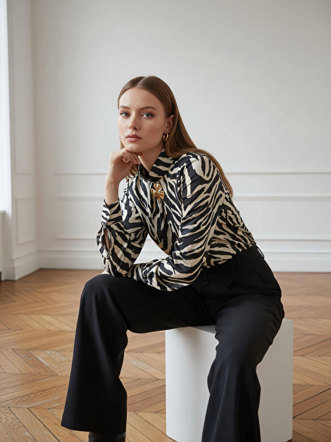 Pera Moda Gold Broşlu Zebra Desenli Bluz
