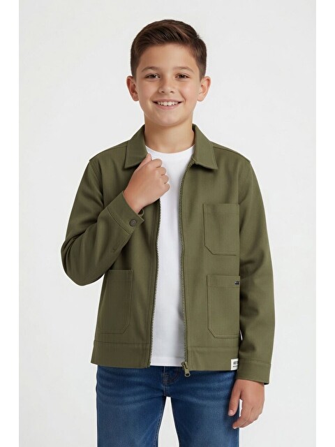 digne collarless jacket coat モスグリーン Cansın Mini Haki Erkek Çocuk Fermuarlı Gabardin Uzun Kol Ceket