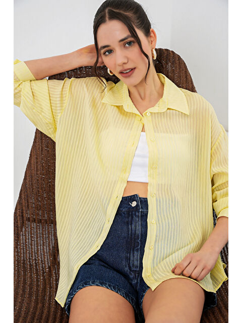 Bigdart Kadın Uzun Oversize Gömlek 20320 - Sarı