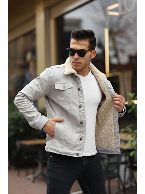 Comstar Erkek Trend Kışlık Içi Kürklü Jean Ceket Bej Taş