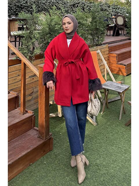 Lamelif Kol Kürk Detaylı Kaşe Kaban Nar Çiçeği - S000522597-20048