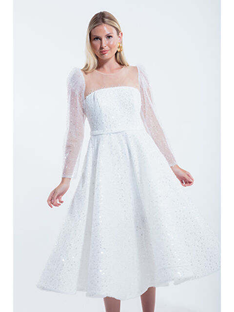 Lafaba Kadın Beyaz Kloş Kesim Simli Midi Abiye Elbise - S000496851-20063