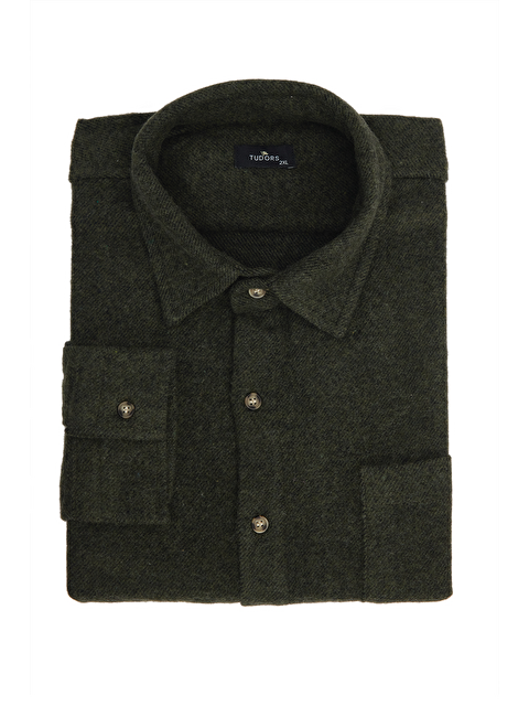TUDORS Erkek Big Size Büyük Beden Oduncu Tek Cepli Kareli Haki Kışlık Gömlek - S000518864-18547