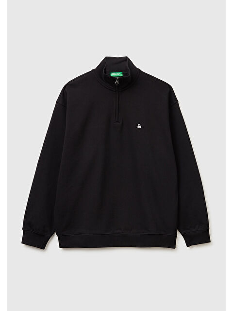 United Colors Of Benetton Erkek Siyah  %100 Pamuk Logo Detaylı Fermuarlı Dik Yaka Sweatshirt