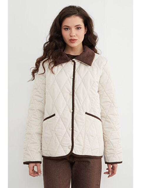 Fullamoda Kadife Detaylı Polo Yaka Kapitone Mont - S000482012-25636