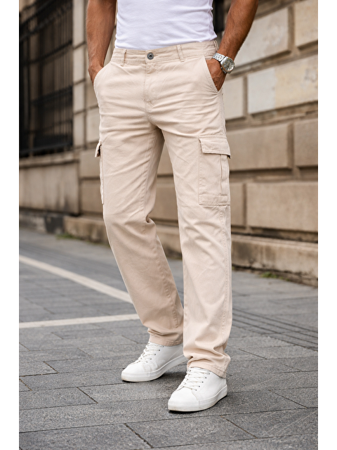 Comstar Erkek Kargo Cepli Pamuklu Bej Baggy Pantolon