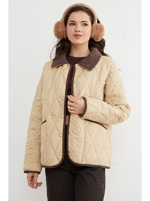 Fullamoda Kadife Detaylı Polo Yaka Kapitone Mont - S000482012-19928