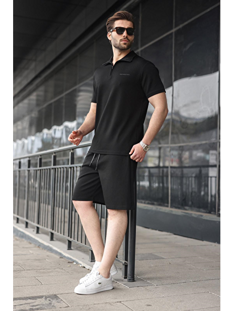 Madmext Siyah Yarım Fermuarlı Polo Yaka T-Shirt Şort Takım E7348