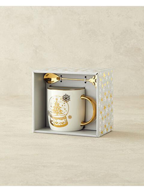 English Home Snow Globe New Bone China Kaşıklı Yılbaşı Kupa 360 ml Gold - S000473377-20076