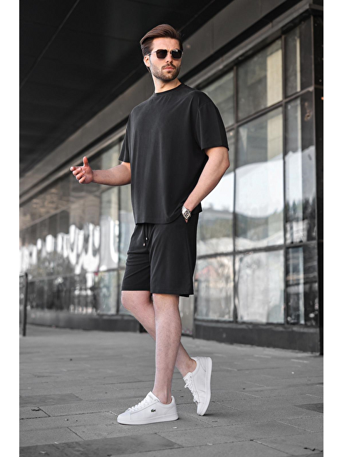 Madmext Siyah Kumaş Erkek Şort Tişört Takım E7349