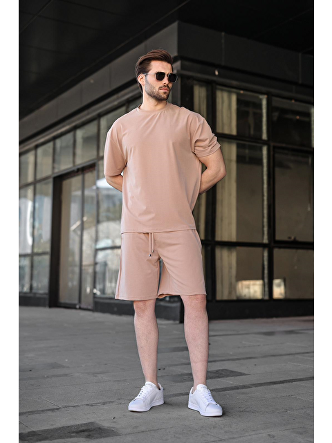 Madmext Taş Rengi Kumaş Erkek Şort Tişört Takım E7349