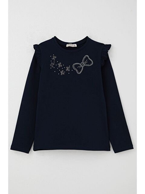 Breeze Kız Çocuk Uzun Kollu Tişört Işıltılı Taş İşleme Detaylı Lacivert (4-10 Yaş) - S000490209-21164