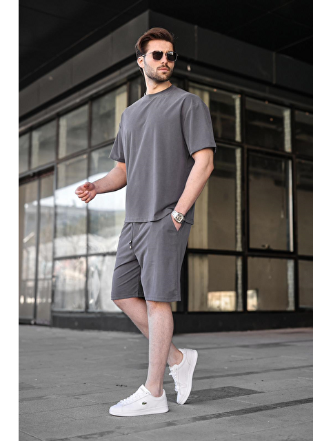 Madmext Boyalı Gri Kumaş Erkek Şort Tişört Takım E7349