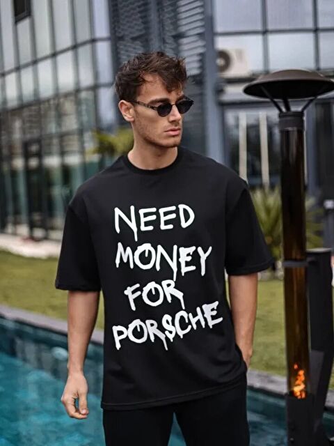 Jane's Unisex Bisiklet Yaka Baskılı Oversize T-Shirt - Siyah