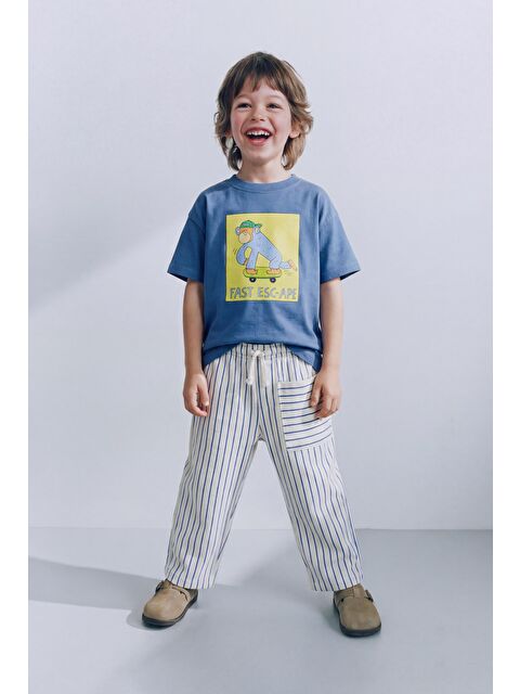 Magu Erkek Çocuk Pamuklu Mavi Maymun Baskılı T-Shirt Ve Çizgili Eşofman Takım - S000513354-23173