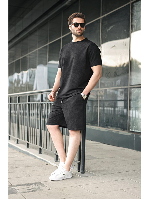 Madmext Siyah Batik Desenli Overfit Şort T-Shirt Takım E7357