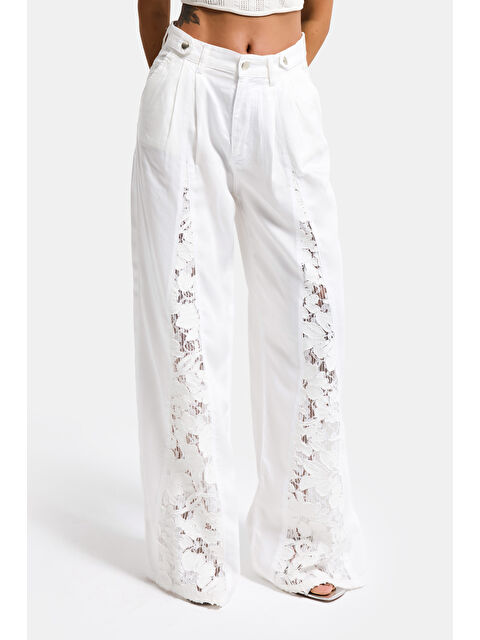 It's Basic Kadın Beyaz 6s6-2 Wide Leg Dantel Nakış Detaylı Özel Tasarım Denim Jean - S000516615-20063