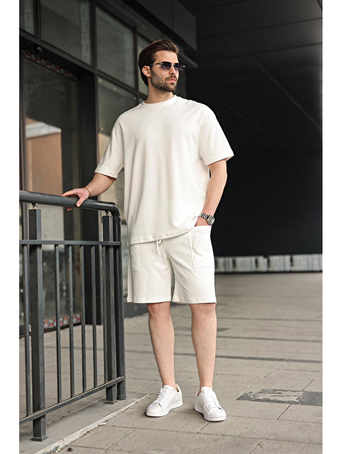 Madmext Ekru Bisiklet Yaka Oversize Erkek Şort T-Shirt Takım E7355
