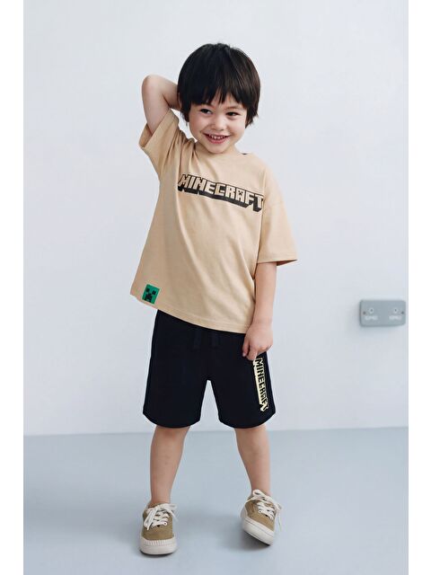Magu Erkek Çocuk Pamuklu Bej Piksel Oyun Temalı T-Shirt Şort Takım