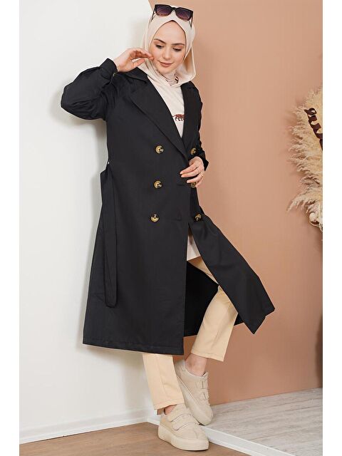 Bigdart T5853 Kruvaze Yaka Tesettür Trençkot - Siyah - S000250637-19351