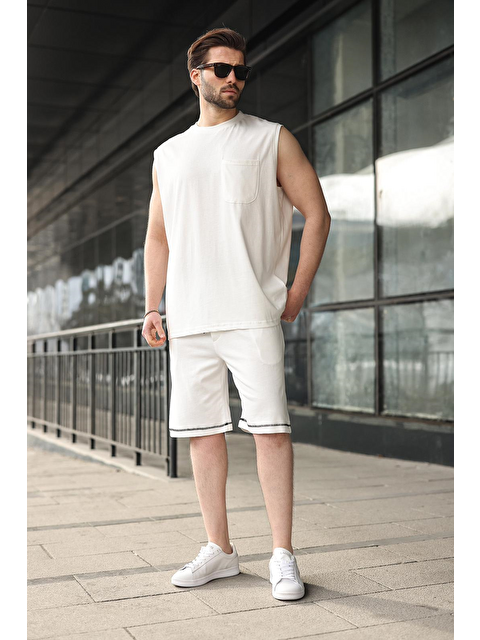 Madmext Ekru Bisiklet Yaka Kolsuz Erkek Şort T-Shirt Takım E7351