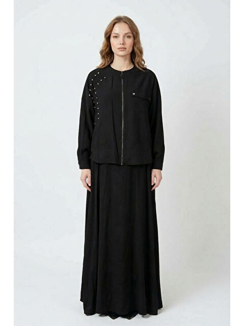 Remsa Önden Fermuarlı Boncuk Detaylı Yarasa Kol Bolerolu Elbise Takım 940 Siyah