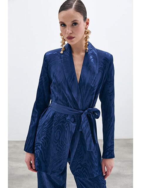 SATEEN Kuşaklı Desenli Uzun Ceket - Lacivert - S000338600-21164