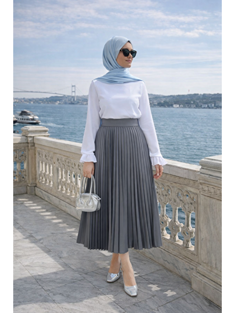 Comstar Kadın Premium Pileli Antrasit Uzun Tesettür Etek