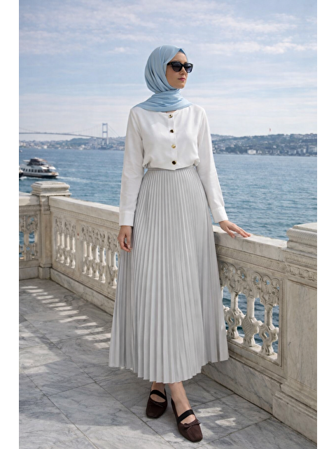 Comstar Kadın Premium Pileli Gri Uzun Tesettür Etek