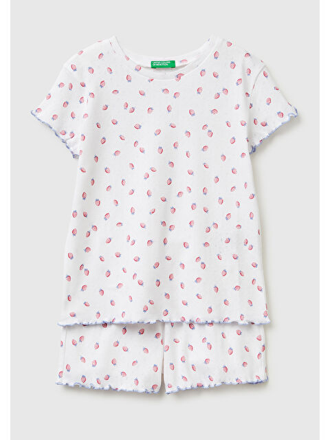 United Colors Of Benetton Kız Çocuk Turuncu Desenli Desenli Fırfır Detaylı Kısa Kollu Şortlu Pijama Takımı