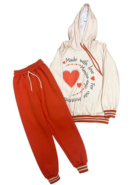 Modanino Kız Çocuk Taş Süslemeli Kapüşonlu Ribana Detaylı 3 İplik Alt-Üst Takım 12338 - S000464898-18657