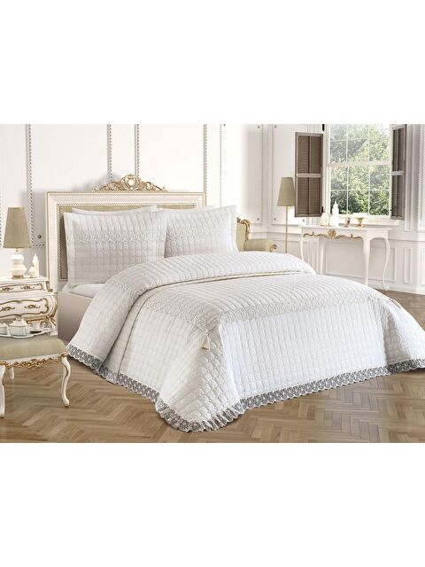 Çeyiz Diyarı Roza Çift Kişilik Kapitoneli Yatak Örtüsü Krem Krem - S000496091-23173