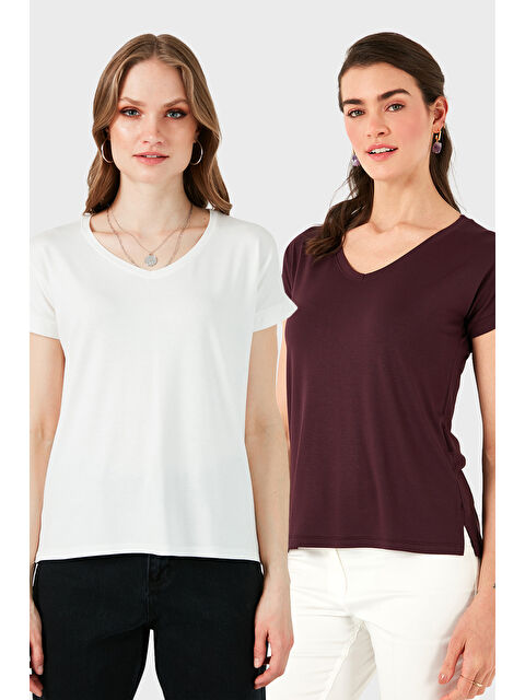 Lela V Yaka Relaxed Fit Yırtmaç Detaylı 2'li Paket Bluz 5862000S2 - S000389198-37576