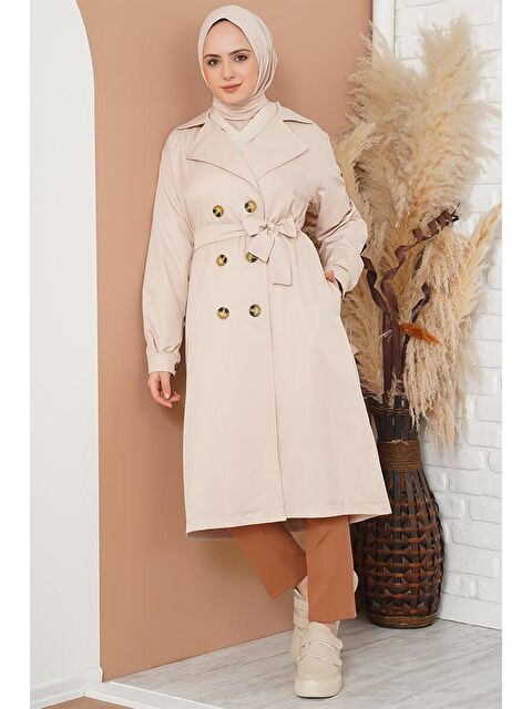 Bigdart T5853 Kruvaze Yaka Tesettür Trençkot - Bej - S000250637-19928