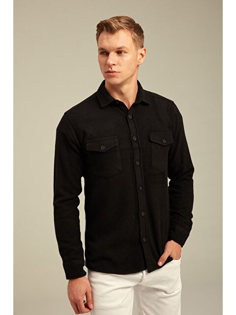 Tarz Cool Siyah Erkek Slim Fit Düğmeli Yaka Çift Cepli Düz Oduncu Gömlek - S000336135-19351