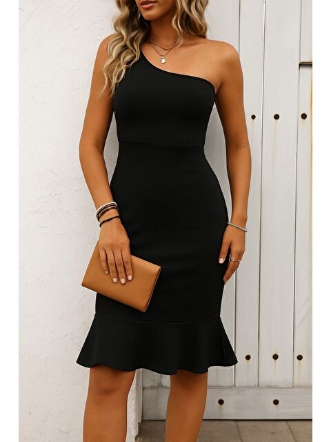 Jane's Kadın Tek Omuz Askılı Etegi Volanlı Janjan Krep Elbise - S000528562-19351