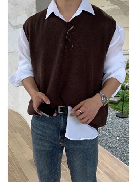 Tarz Cool Erkek Kahverengi V Yaka Oversize Süveter - S000420795-19413