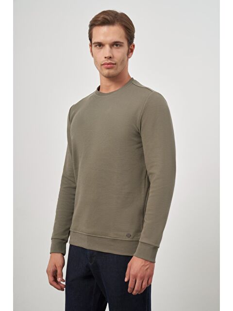 İMZA Koyu Haki Örme Bisiklet Yaka Pamuklu Casual Slim Fit Dar Kesim Sweatshirt 1013245150 - S000352315-19294