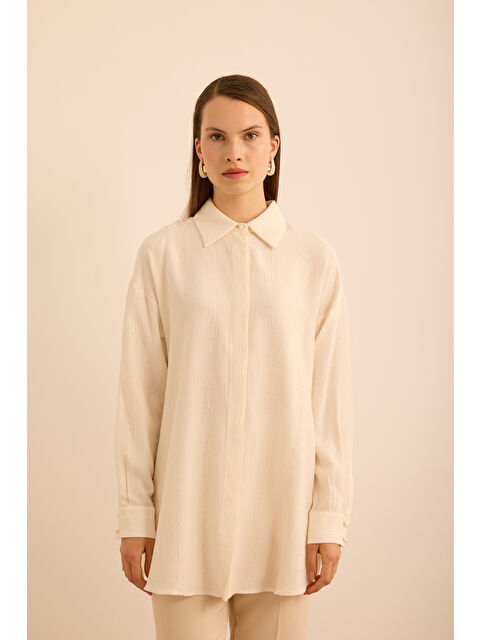 AKER Ekru Bürümcük İp Dokulu , Viscon Keten Tunik