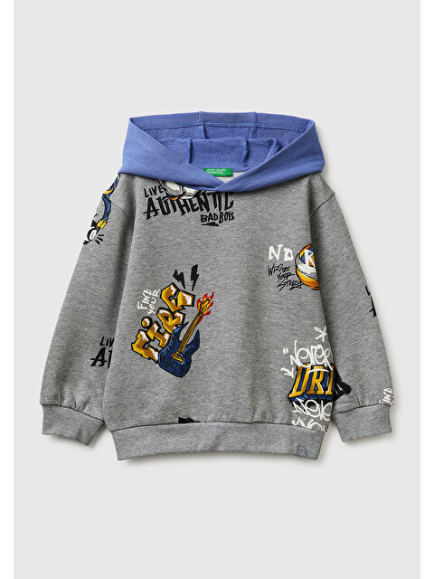 United Colors Of Benetton Erkek Çocuk Gri Mix Tamamı Desenli Logo Etiketli Bol Kalıp Kapüşonlu Sweatshirt
