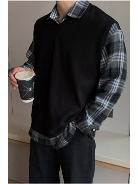 Tarz Cool Erkek Siyah V Yaka Oversize Süveter - S000420795-19351