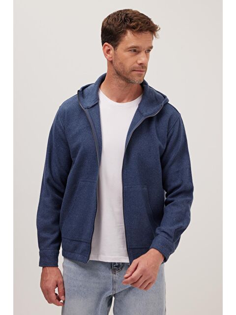 TUDORS Erkek Relax Fit Rahat Kesim Fermuarlı Çift Cep Kapüşonlu İndigo Sweatshirt - S000518870-23093