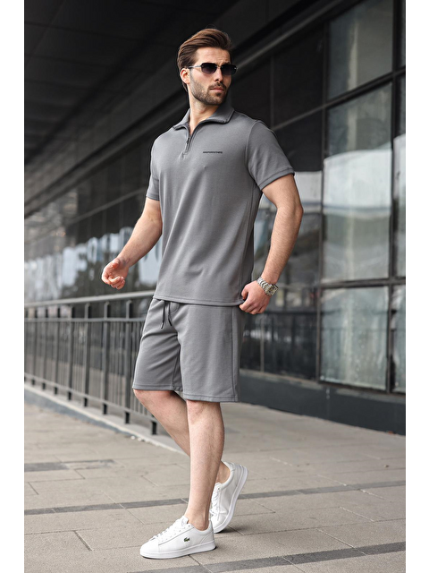 Madmext Füme Yarım Fermuarlı Polo Yaka T-Shirt Şort Takım E7348