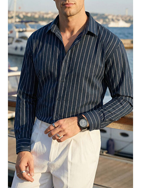 Livio Ferri Arkit Erkek Çizgili Viskon Oversize Gömlek