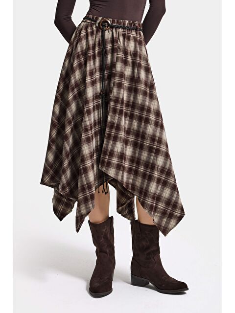 It's Basic Kadın Kahve Ekose w5 Asimetrik Kesim Kemerli Özel Tasarım %100 Pamuk Etek - S000516617-19413