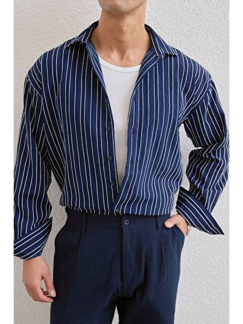 Livio Ferri Tugur Erkek Çizgili Oversize Premium Gömlek Soft Touch Refined Comfort
